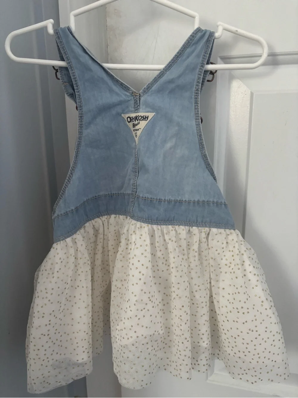 OshKosh B'gosh Light Blue Denim Overall Dress with Cream Tulle Skirt gold accent